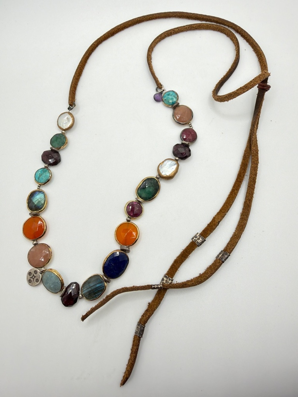 up to 37" ALL FACETED Multi-gemstone two tone metal and suede cord necklace!